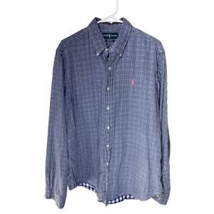 Men's XL Button Down Shirt Ralph Lauren Custom Fit L/S Cotton Blue Gingham 2-Ply
